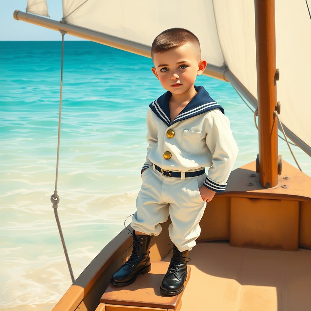 Young Sailor Boy with Payot Sideburns Stands Proud on Beach