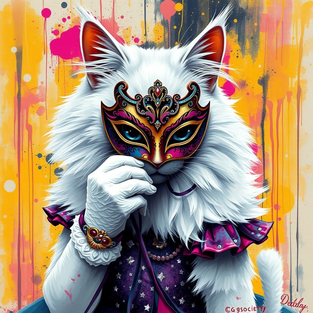 Persian Cat in Masquerade Dress, Graffiti Art Style