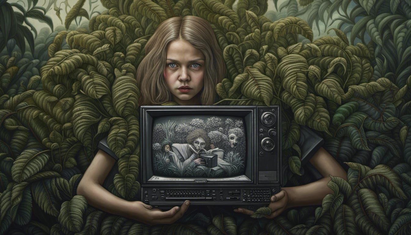 girl with monitor in bushes