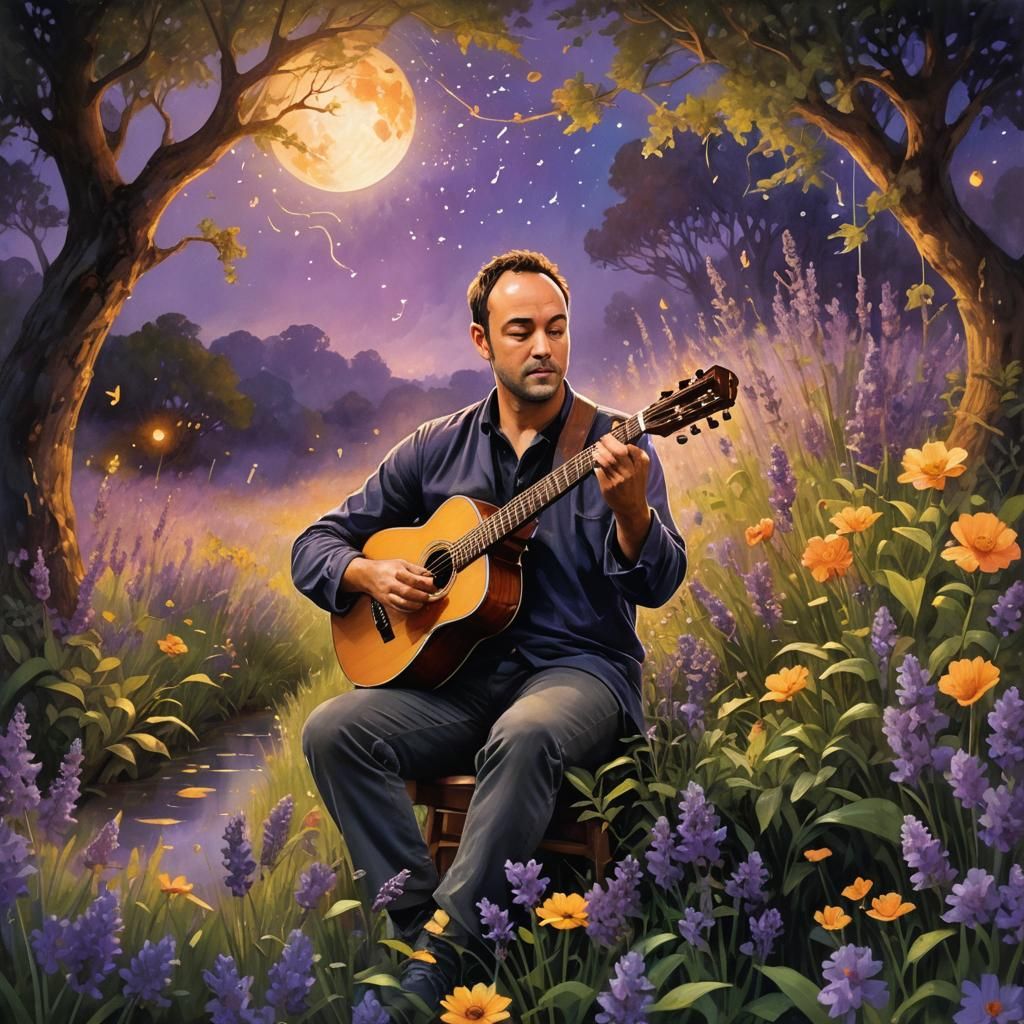 Musician Enveloped in Light Surrounded by Flowers