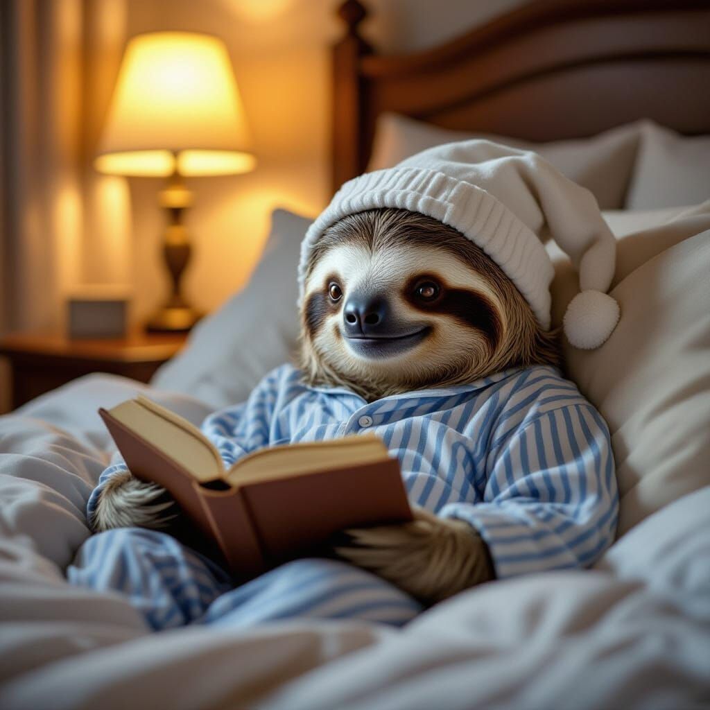 Sloth Reads Book in Cozy Bed