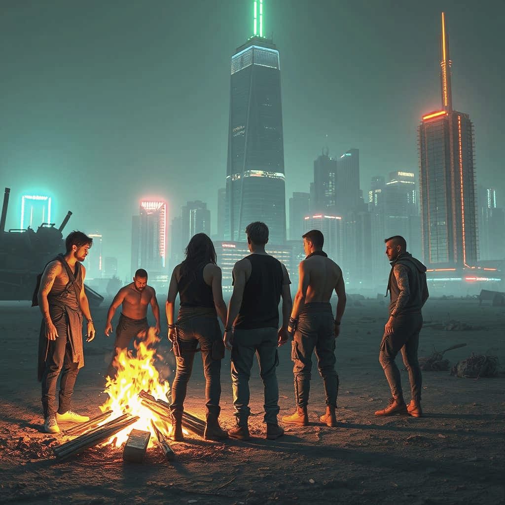 Gritty Wasteland Bonfire in Film Noir Style