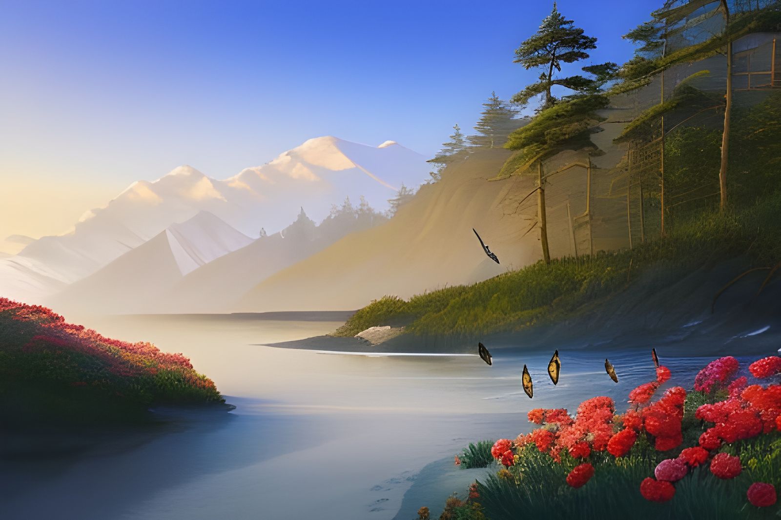 Olympic Beach Sunrise with Roses, Watercolor Style