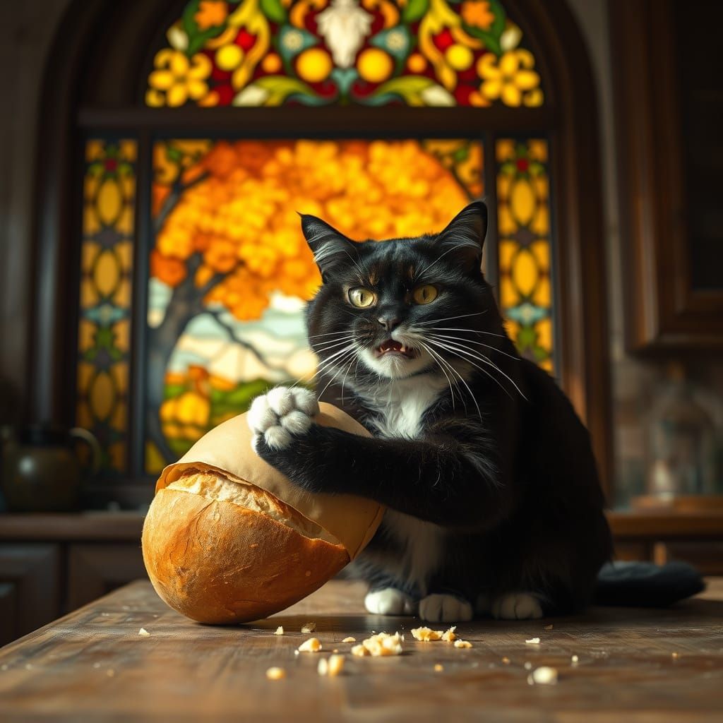 Angry Tuxedo Cat Guards Italian Loaf By Autumn Stained Glass