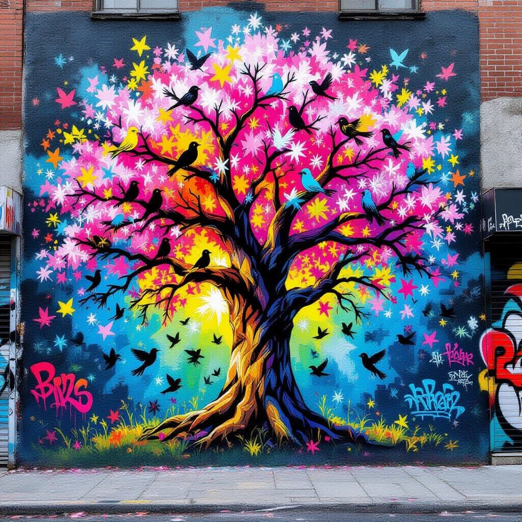 Vibrant Graffiti Mural of Oak Tree in Bloom with Birds