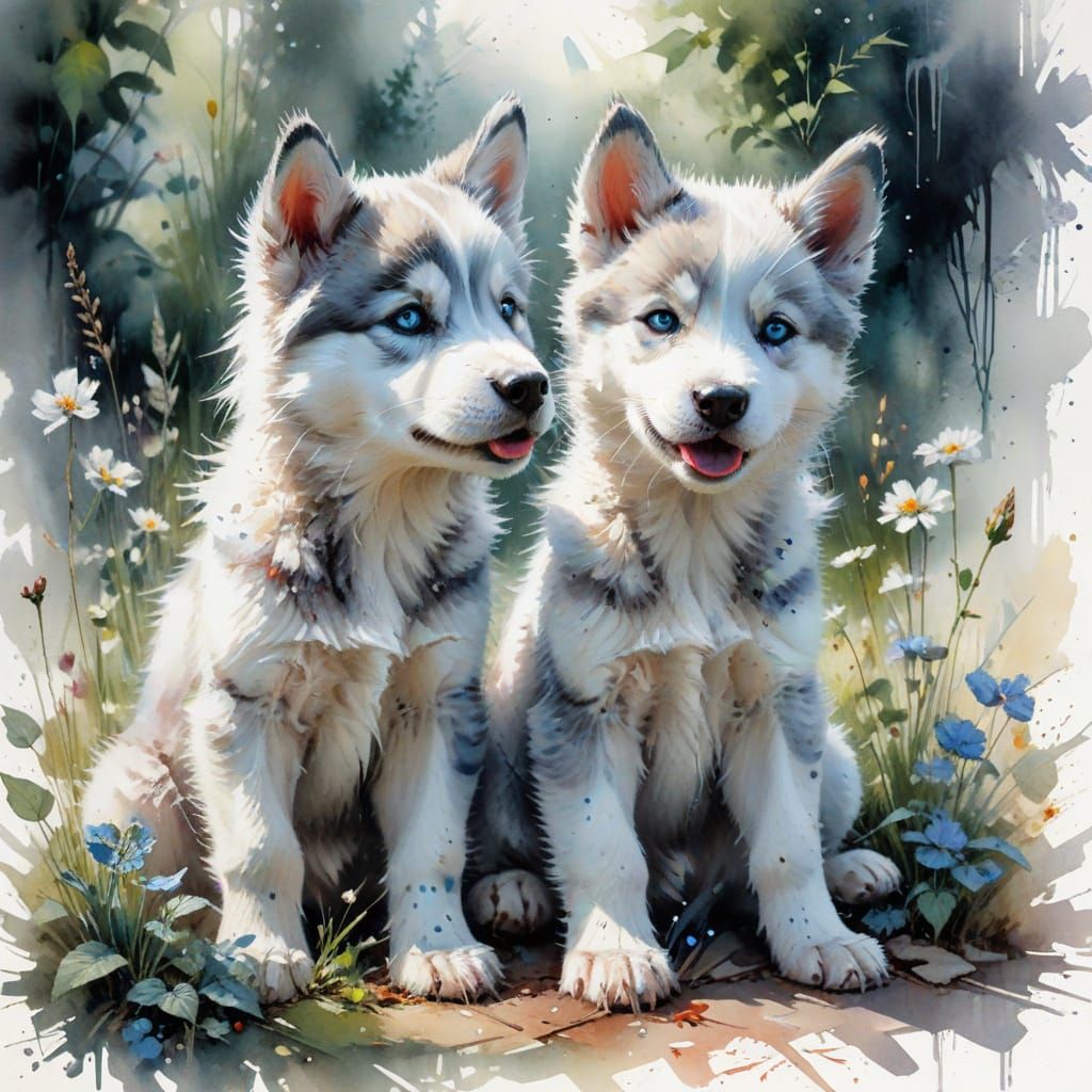 Adorable Husky Cubs Playing in Garden