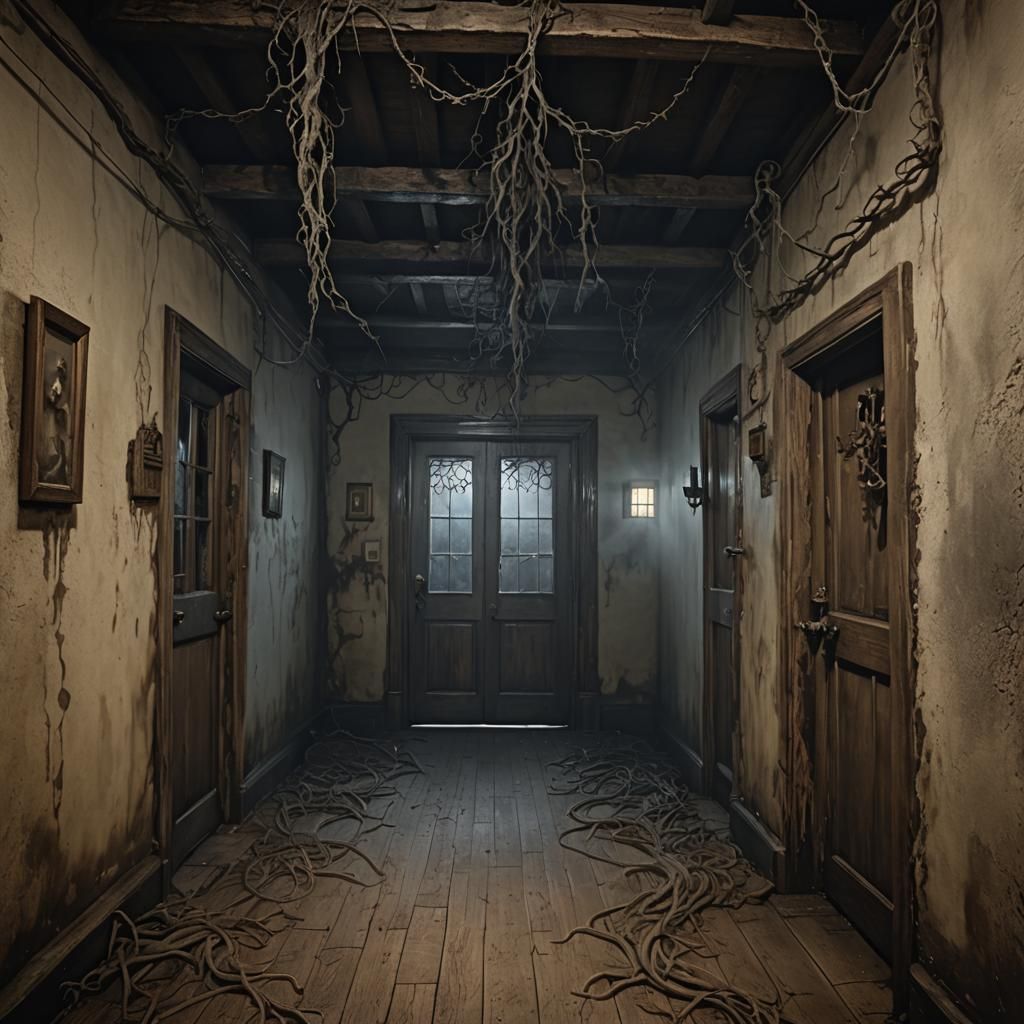 Spooky Cellar with Lurking Tendrils in Photorealistic Style