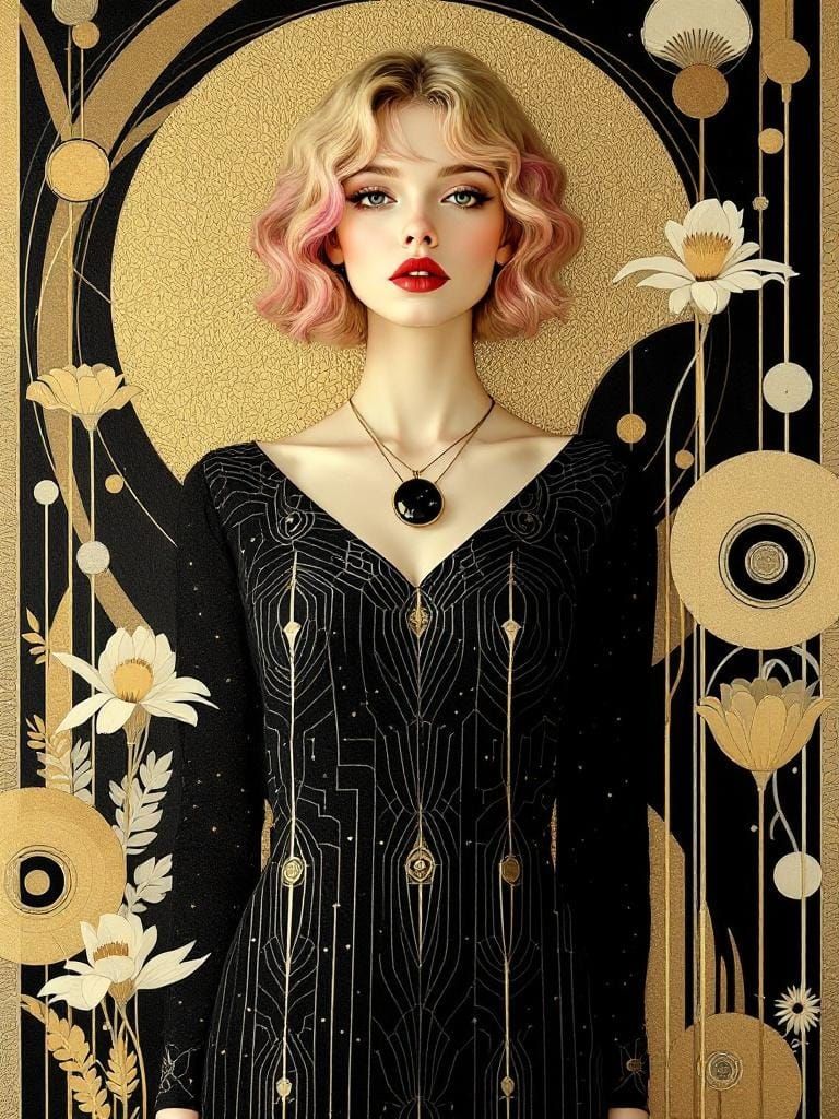 Art Nouveau Pin-Up with Geometric Details and Metallic Accen...