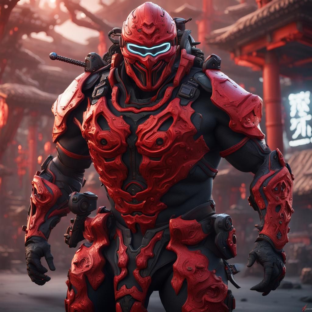 Futuristic Red Ninja Cyborg with Mitsubishi Triton