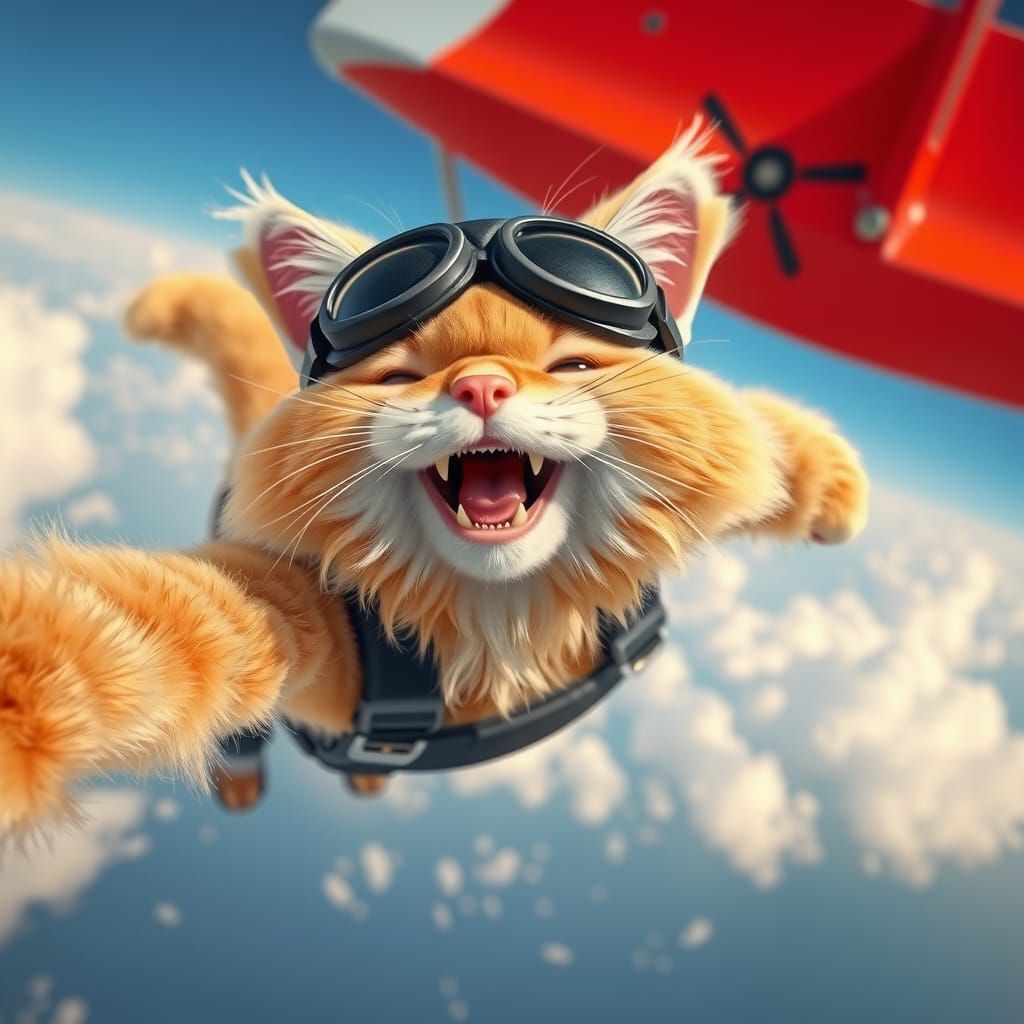 Fluffy Claymation Cat Skydiving Selfie