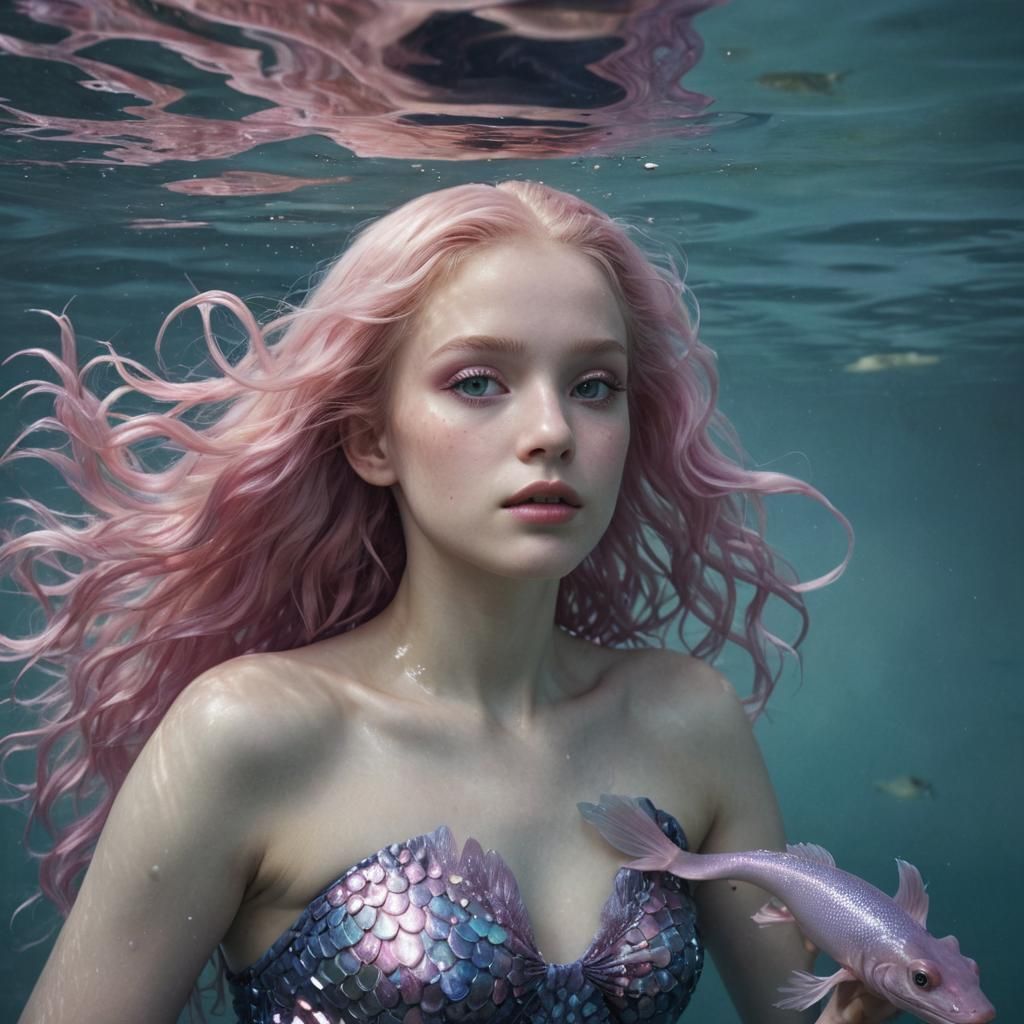 Photorealistic Woman and Axolotl Hybrid Underwater