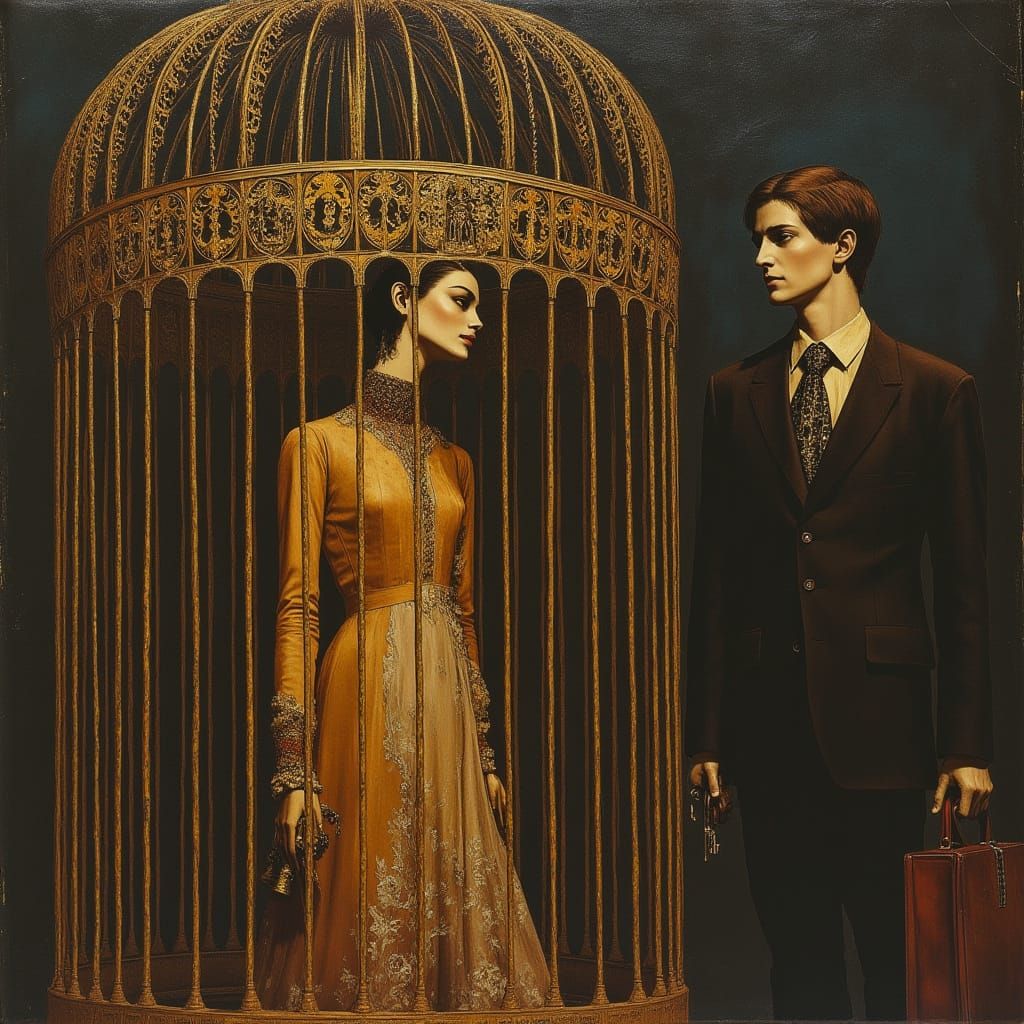 Melancholic Woman Trapped in Golden Cage by Guard