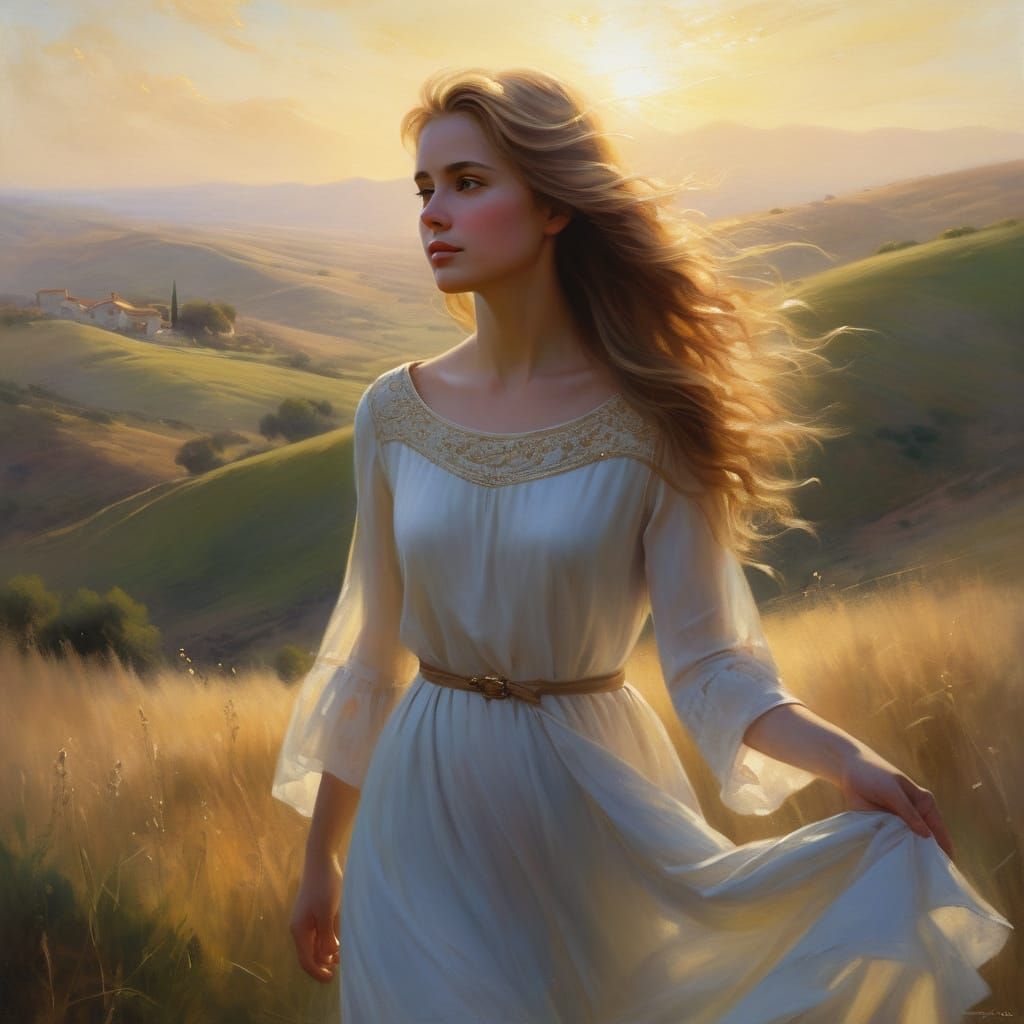 Elegant Woman in Golden Light, Romantic Realism Oil Painting