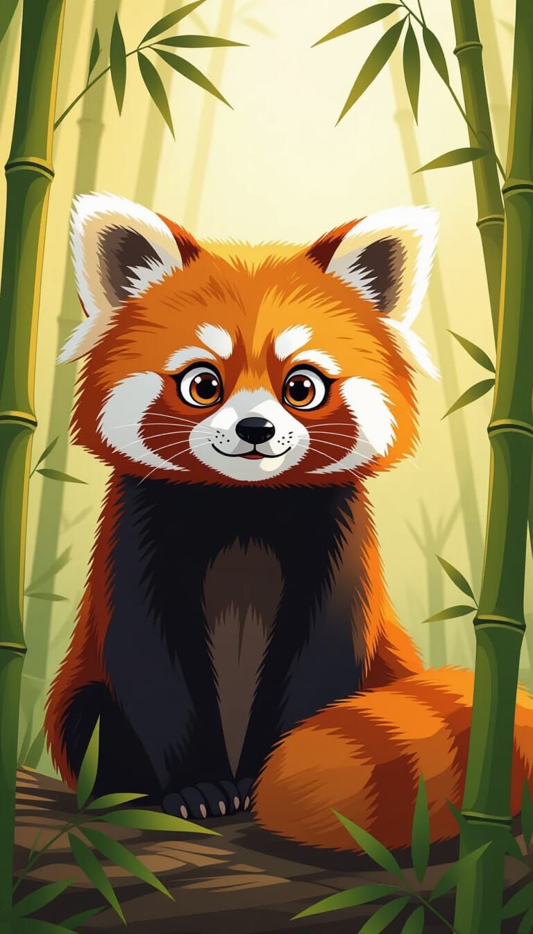 Charming Cartoon Red Panda in Golden Light
