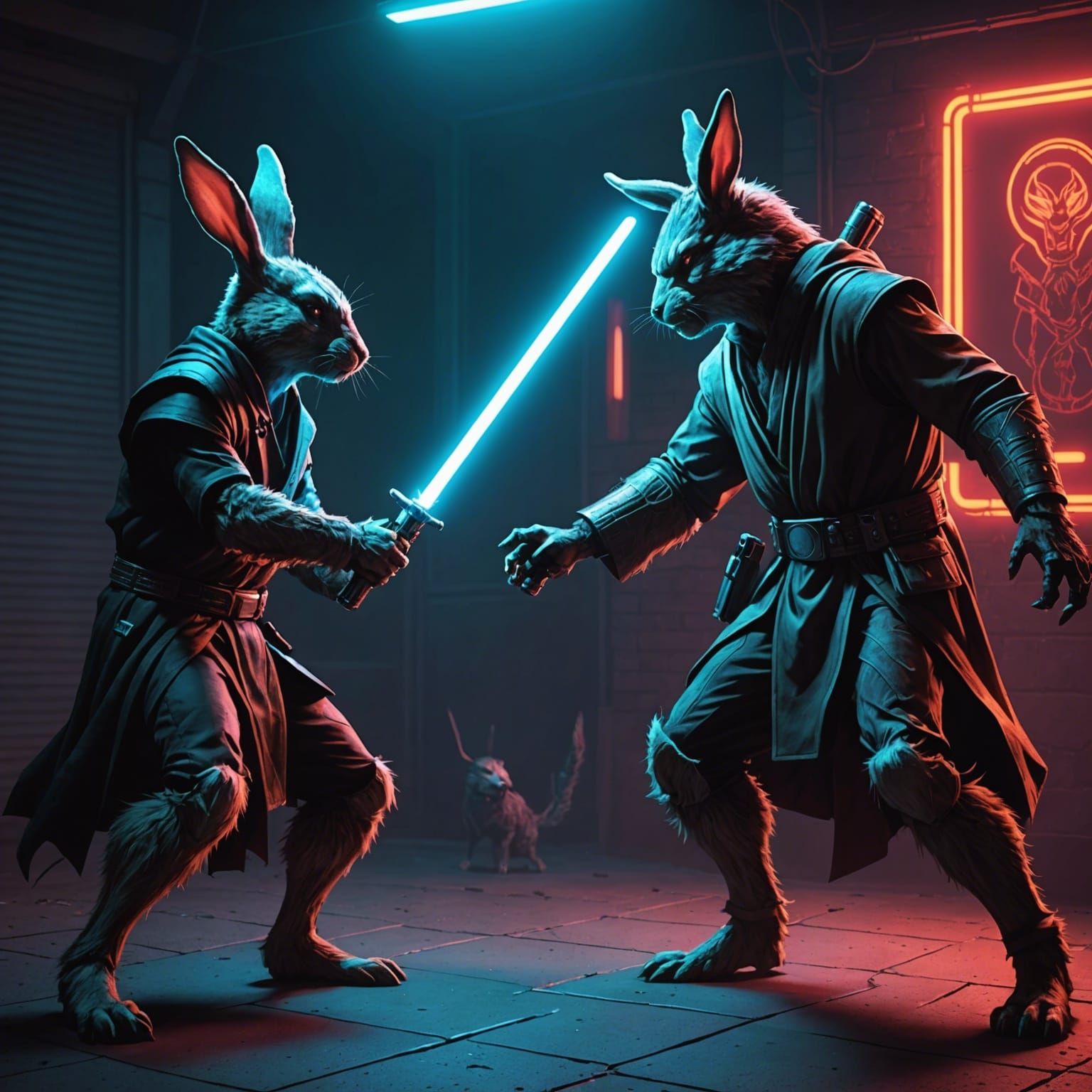 Glowing Neon Horror Duel: Rabbit vs Werewolf Jedi