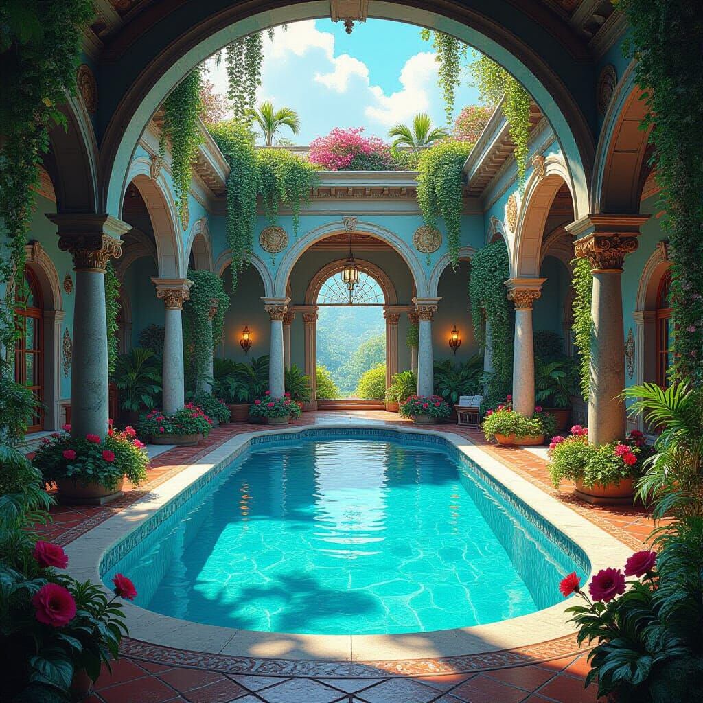 Underground Palace with Pool in Pablo Amaringo Style