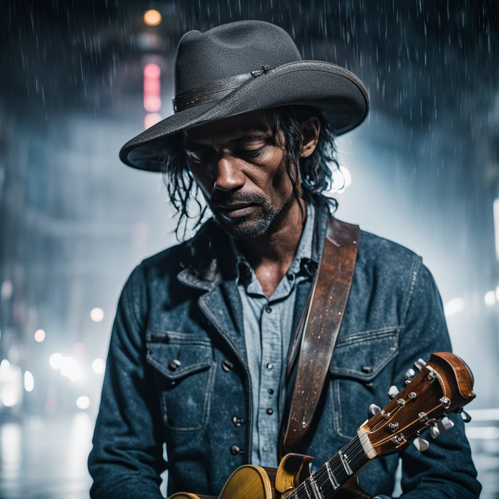Soulful Street Musicians in Neon-Lit Mist