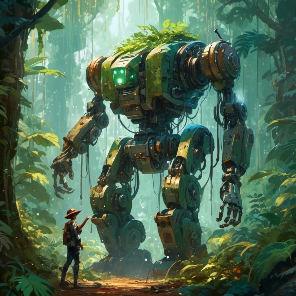 Robot Gardener in Lush Rainforest: Digital Art