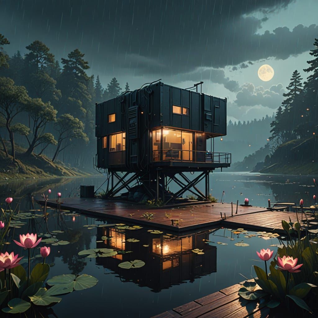 Ethereal Futuristic Retreat Amidst Tranquil Lake Waters