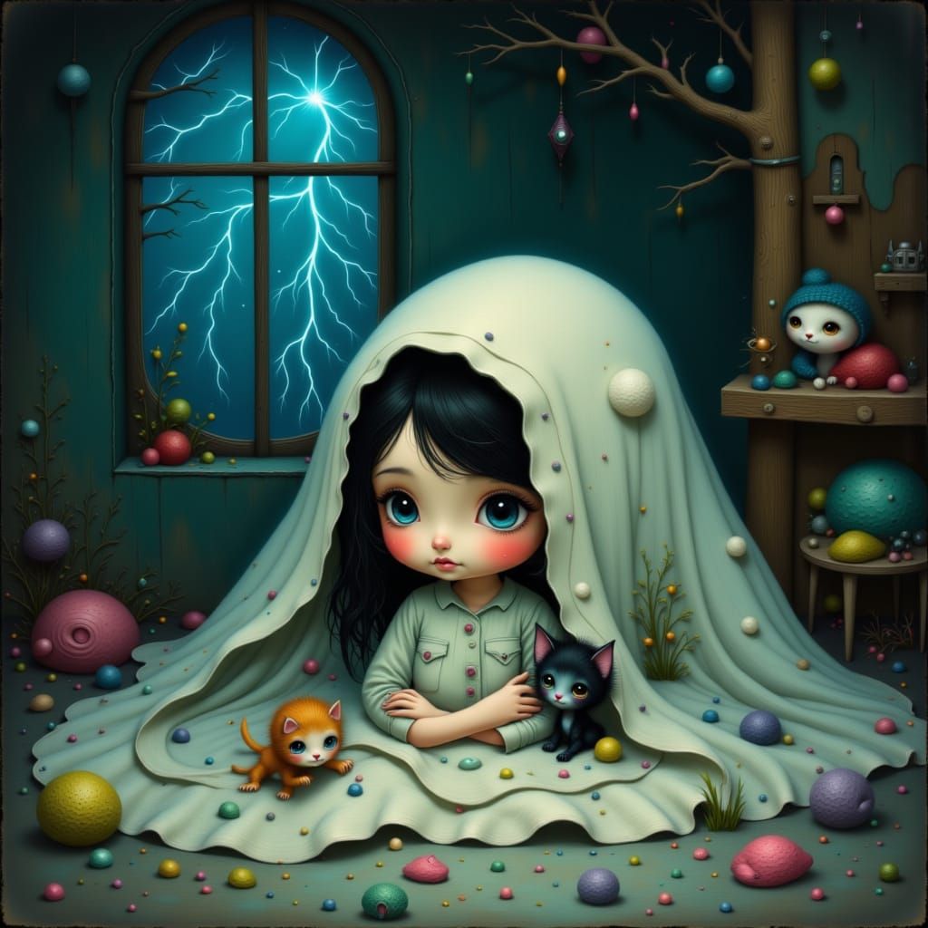 Girl and Kitten Hide During Storm, Beatrix Potter Style