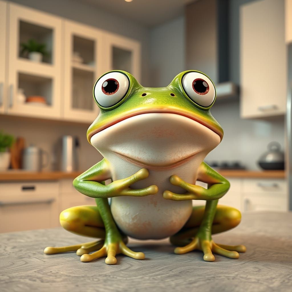 Shocked Frog Wakes Up in Modern Kitchen: 3D Render