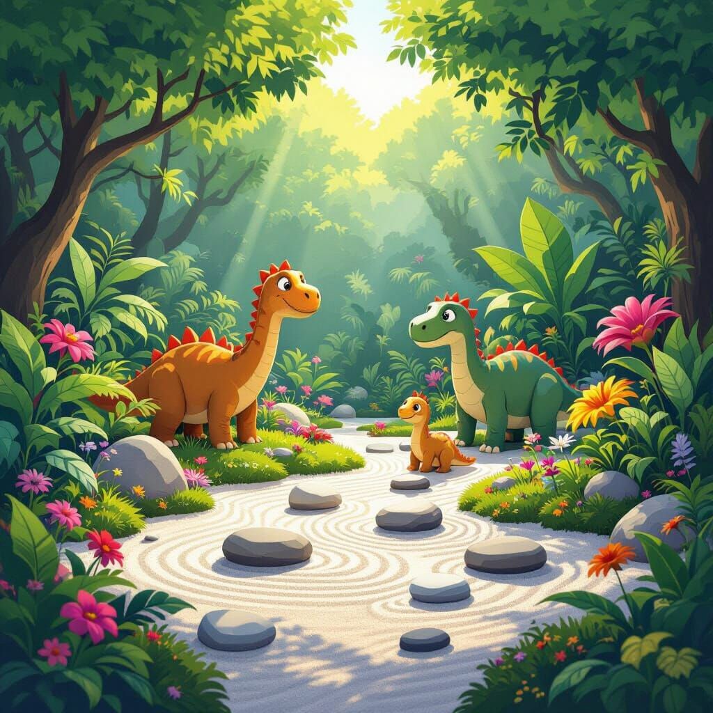 Zen Garden Meets Cartoon Dinosaur Jungle