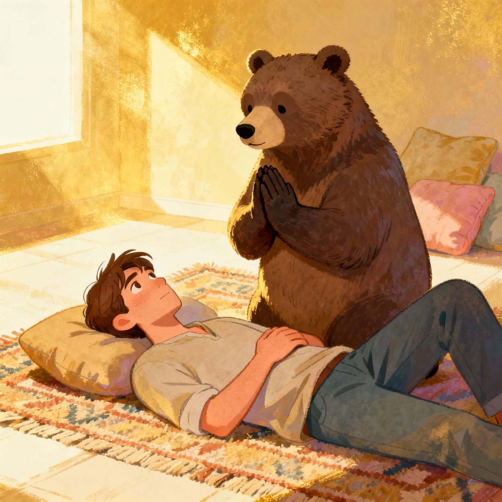 Bear Prays Over Man in Forest Scene