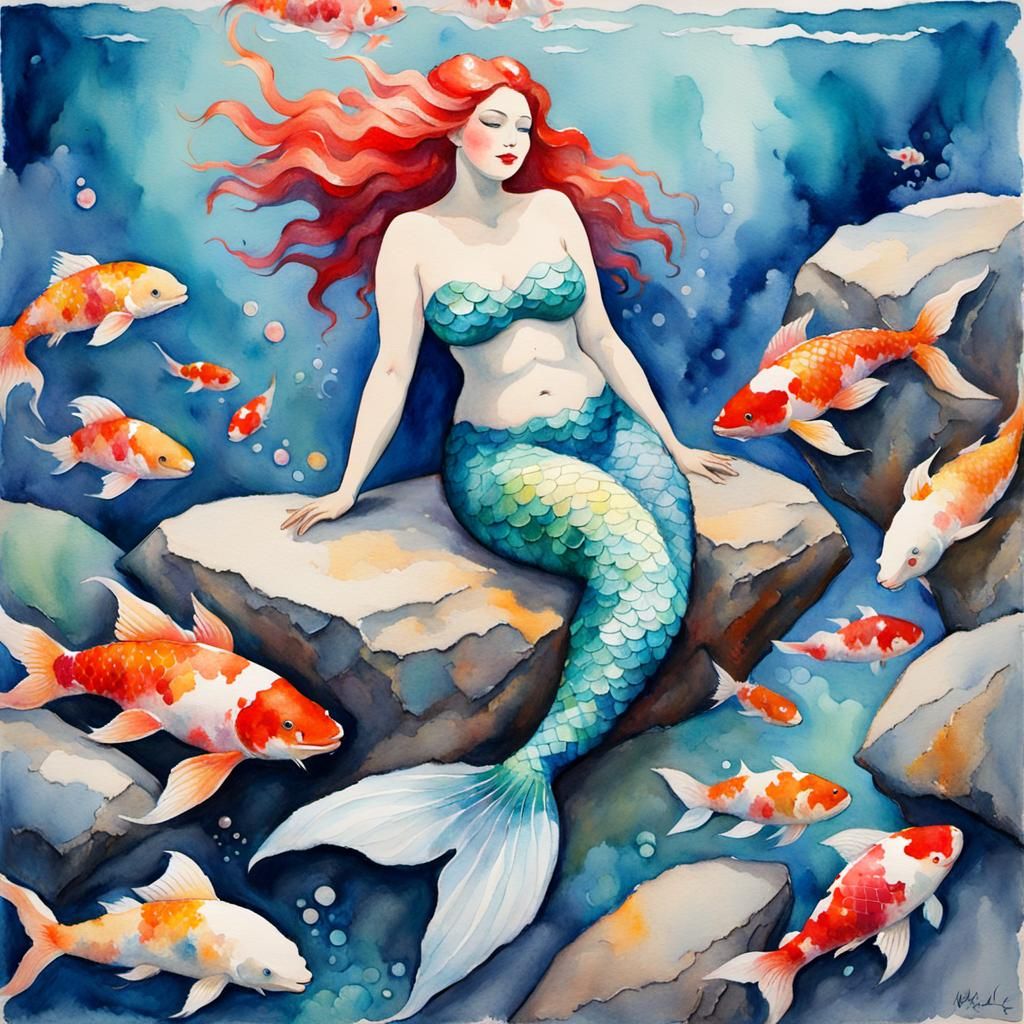 Watercolor Mermaid Sunbathing as Impasto Painting