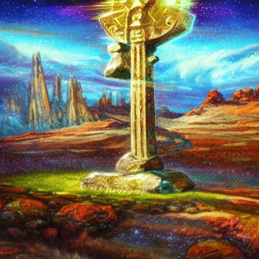 Sacred Sword in Desert as Ethereal Oil Painting