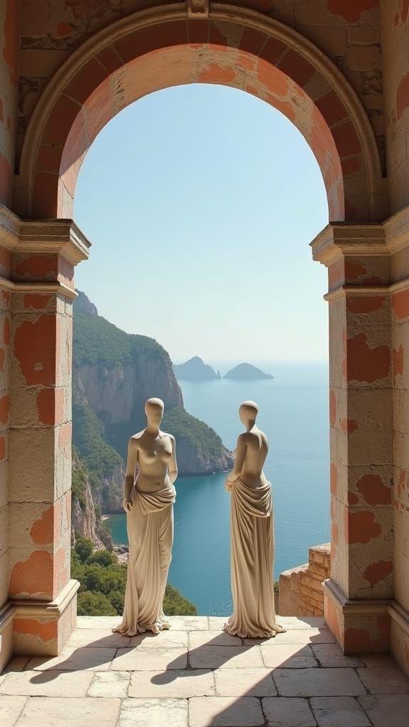 Metaphysical Enigma: Statues Overlook a Mythic Coast