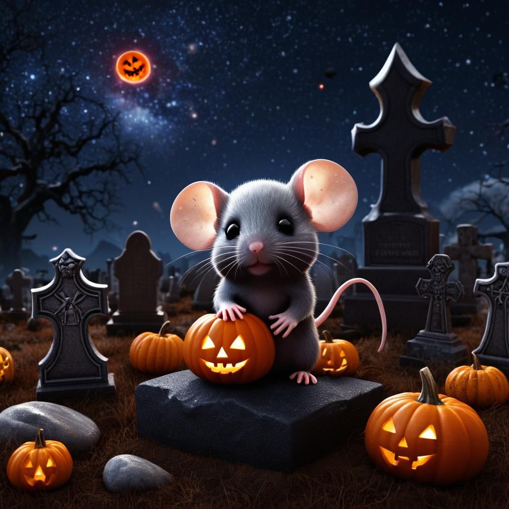 Chibi Mouse in Halloween Graveyard: Hyperrealistic Photo