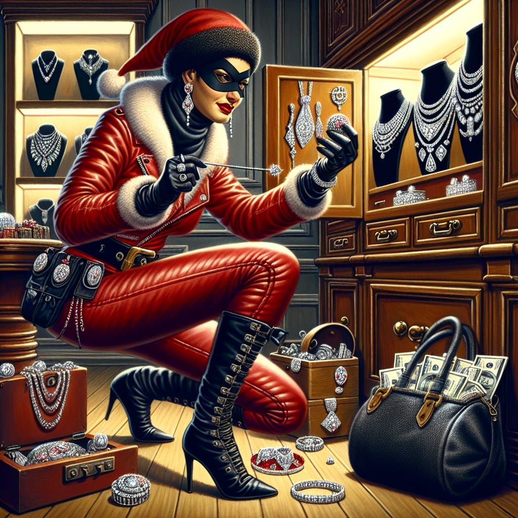 Steampunk Santa Burglar in Red Leather Jacket and Black Heel...