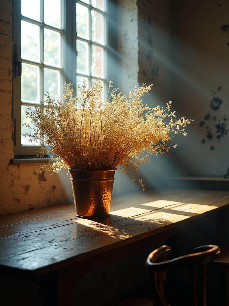 Golden Flowers on Butcher Table, Hyperrealism Style