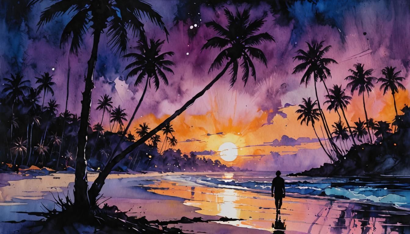 Abstract Expressionist Sunset Beach in Ink Punk Style