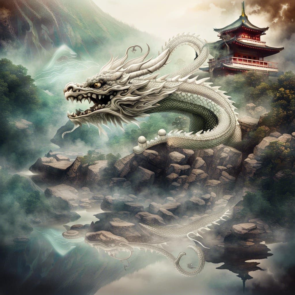 Dragon with Japanese Temple: Hyperrealistic Double Exposure