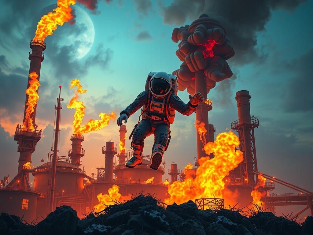 Space Adventurer Lands on a Blazing Oil Refinery in a Vibran...