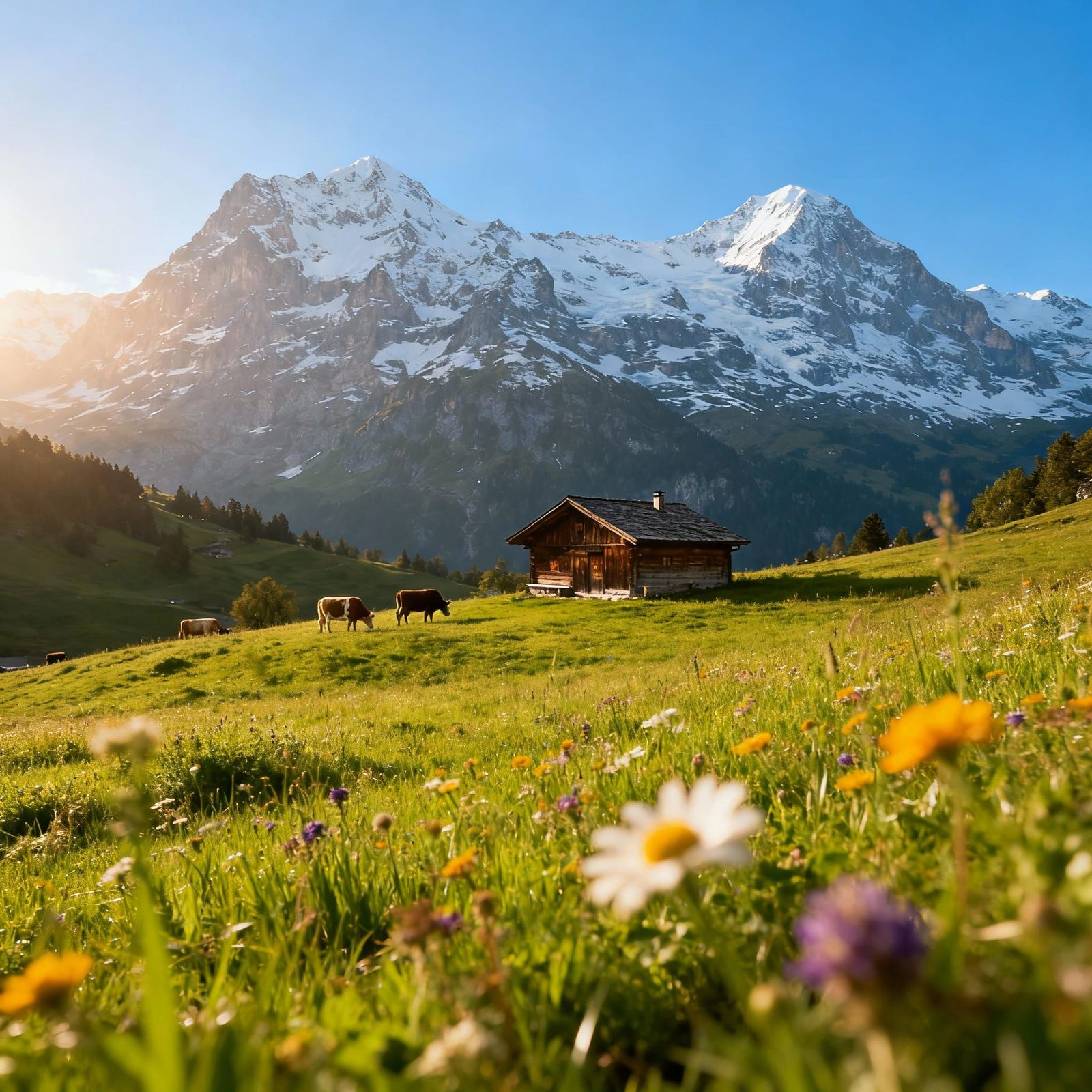 Swiss Alpine Meadow with Cabin and Cows