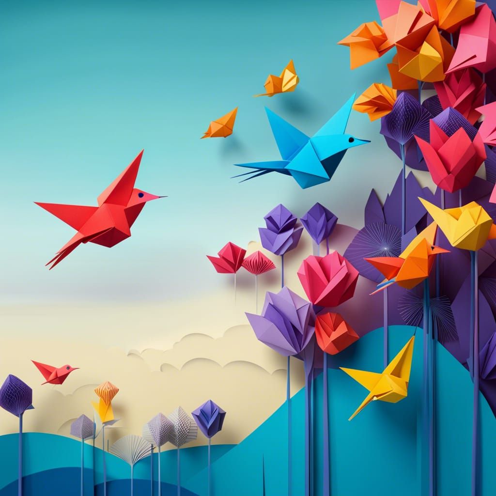 Origami Bird Soaring in Dreamy Landscape