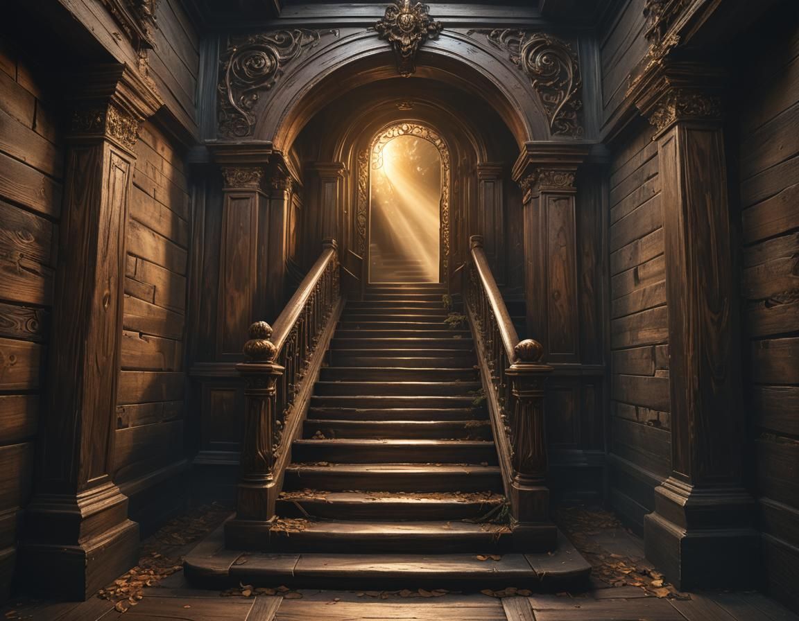 Ominous Portal Ascended by Old Wooden Stairs