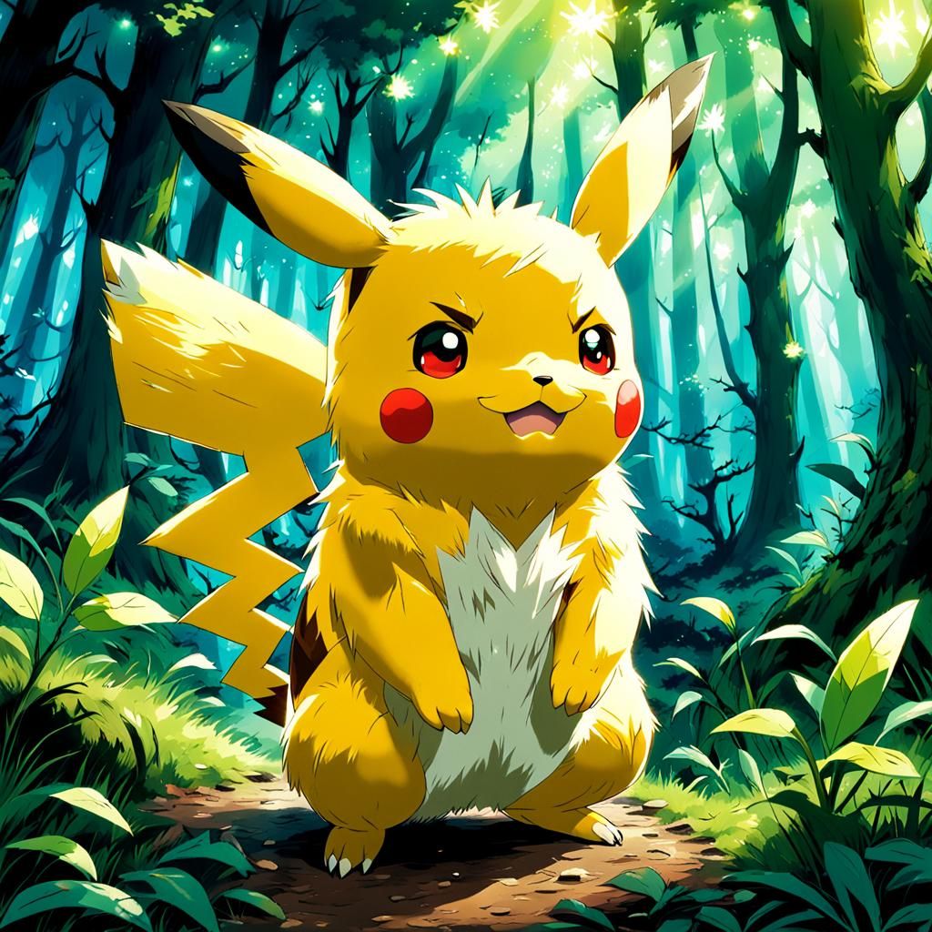 Pikachu in Magical Forest: Cel-Shaded Anime Art