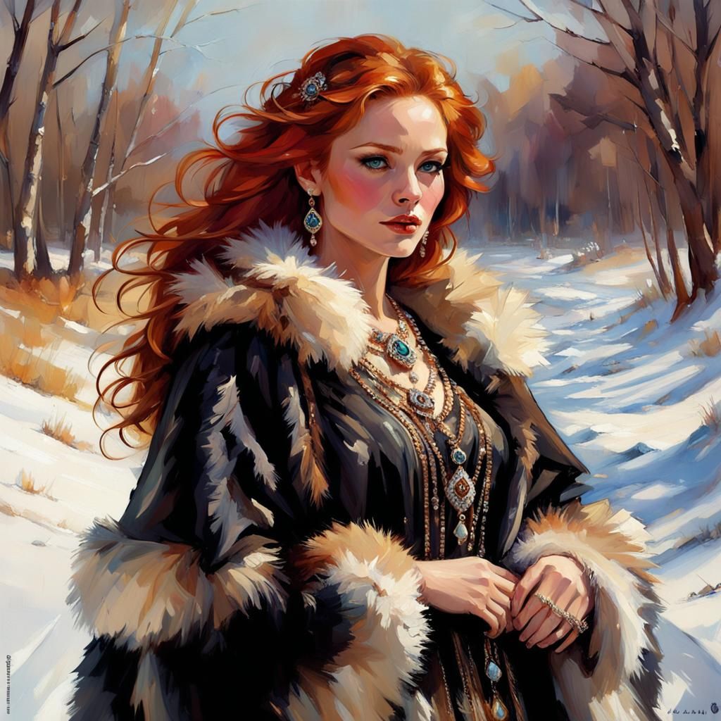 Elegant Redhead in Russian Fur Clothes: Gothic Aesthetic