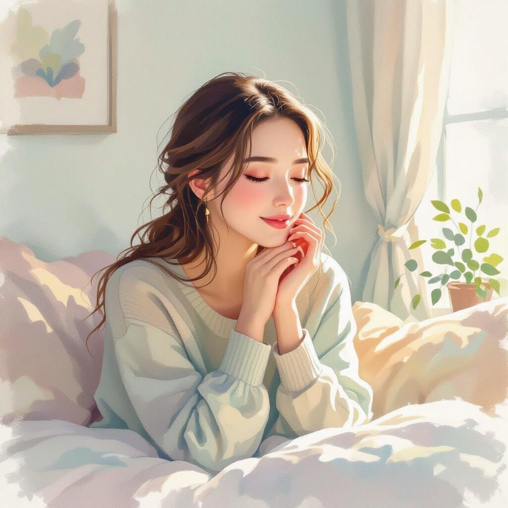Serene Woman Whispering in Pastel Room, Digital Art