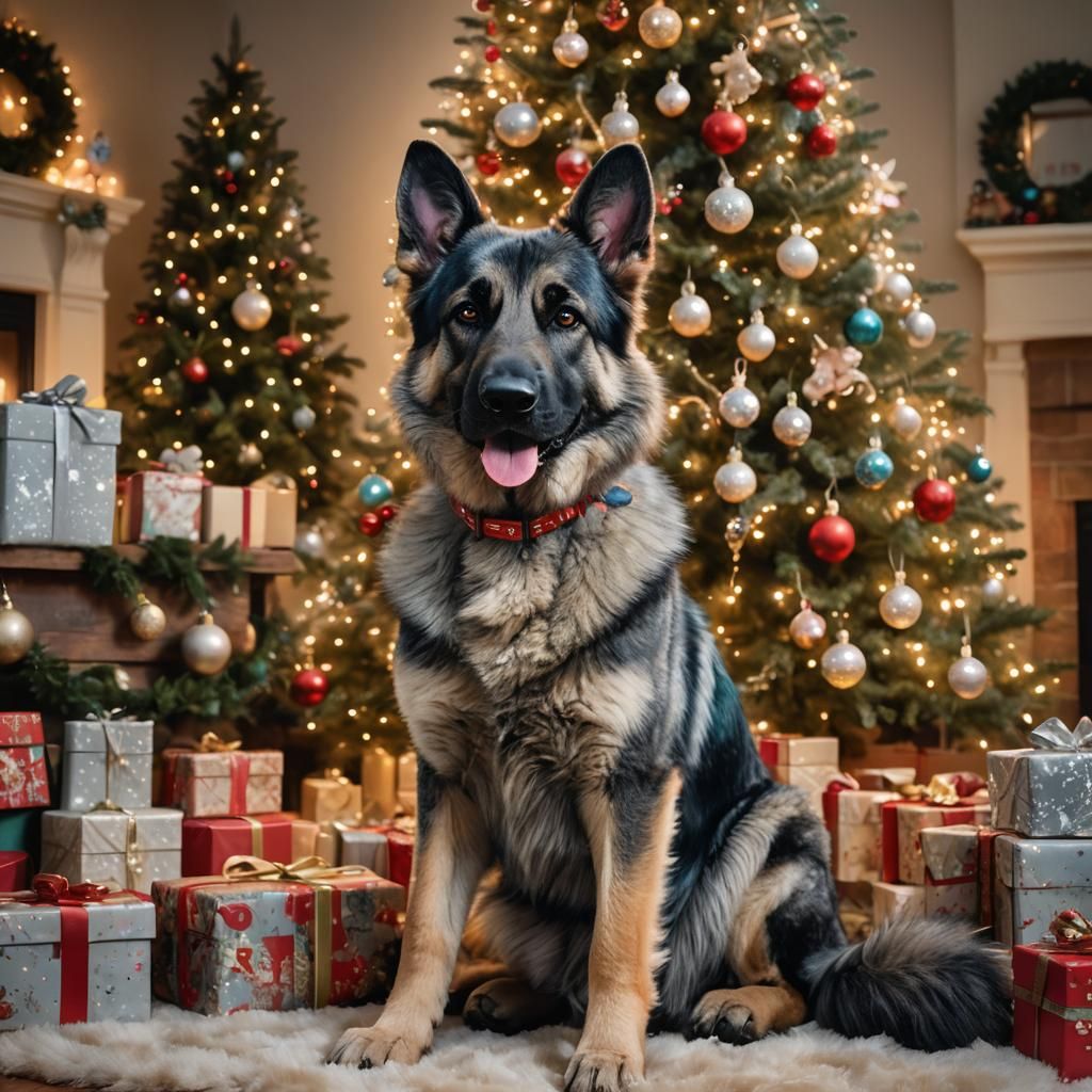 German Shepherd Christmas in Kinkade Style