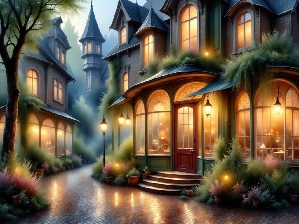 <lora:Light and Lace-Flux:1.0><lora:Effekte und Styles:1.0>Victorian autumn street scene at night (+2), cozy, magical ba...