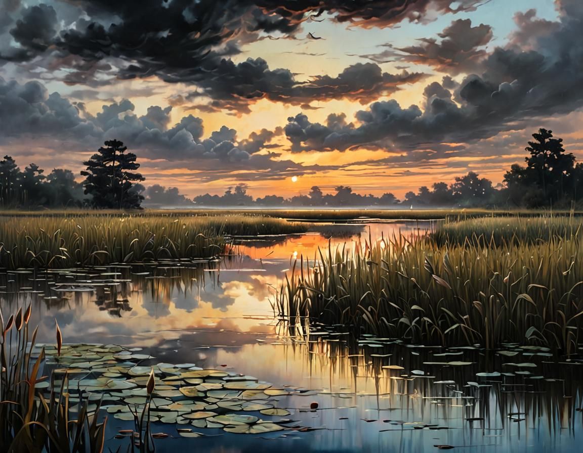 Mystical Marshland Sunrise in Oil Painting Style