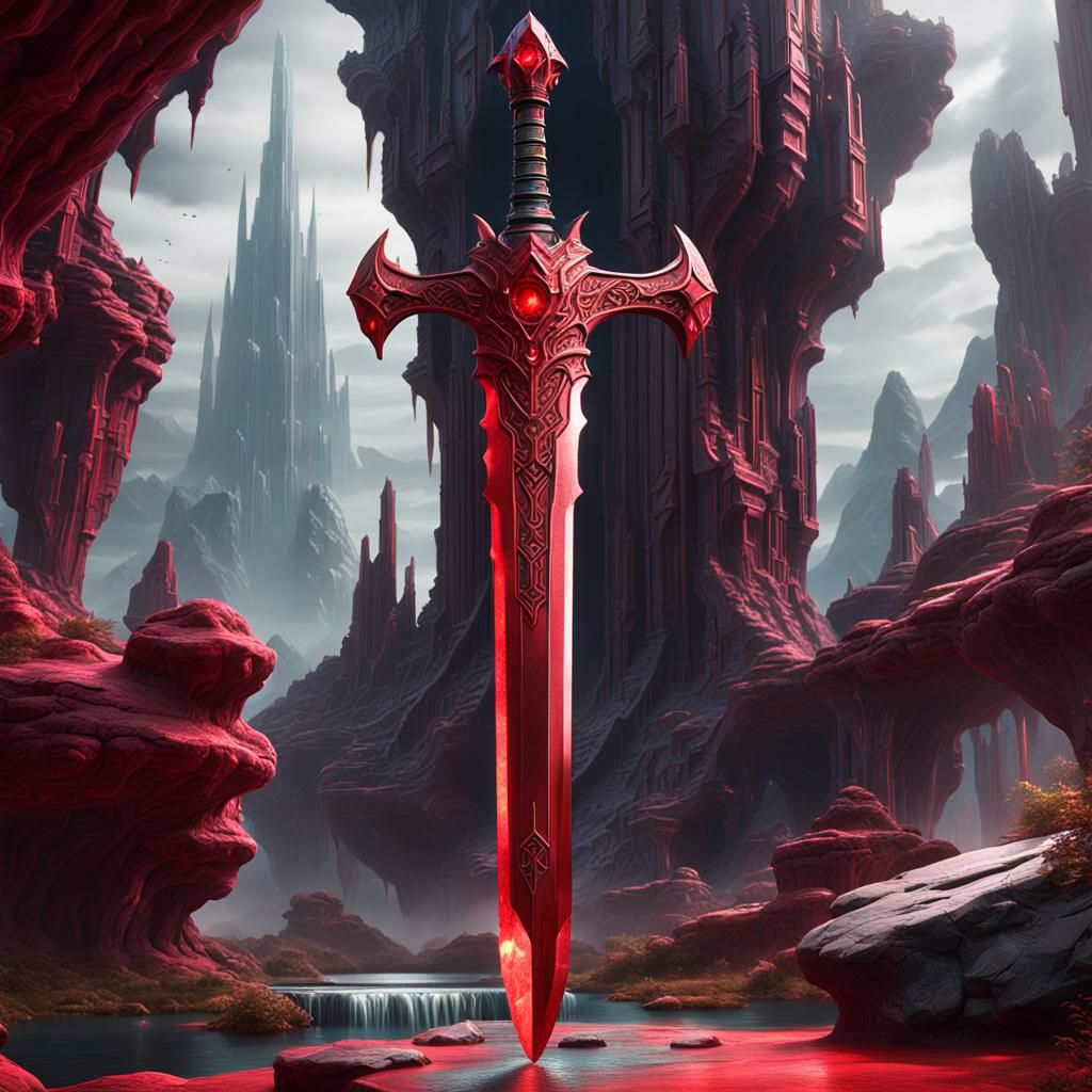 Extraterrestrial Red Crystal Sword: Detailed Matte Painting