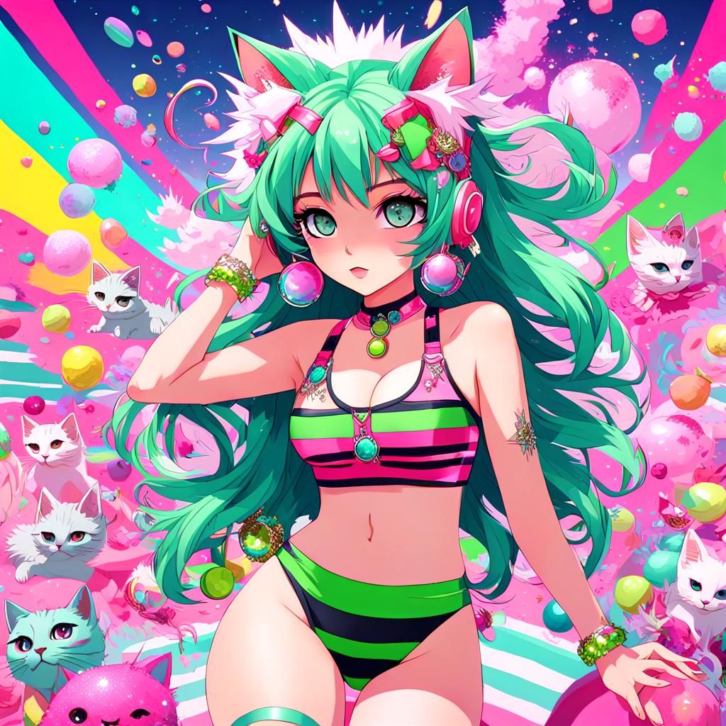 Kawaii Neko Girl in Pastel Anime Landscape