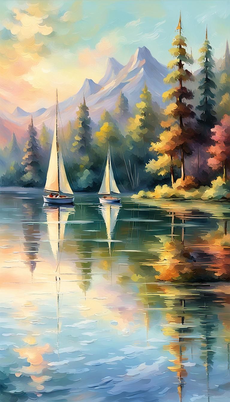 Sailboats on a Lake in Impressionist Style