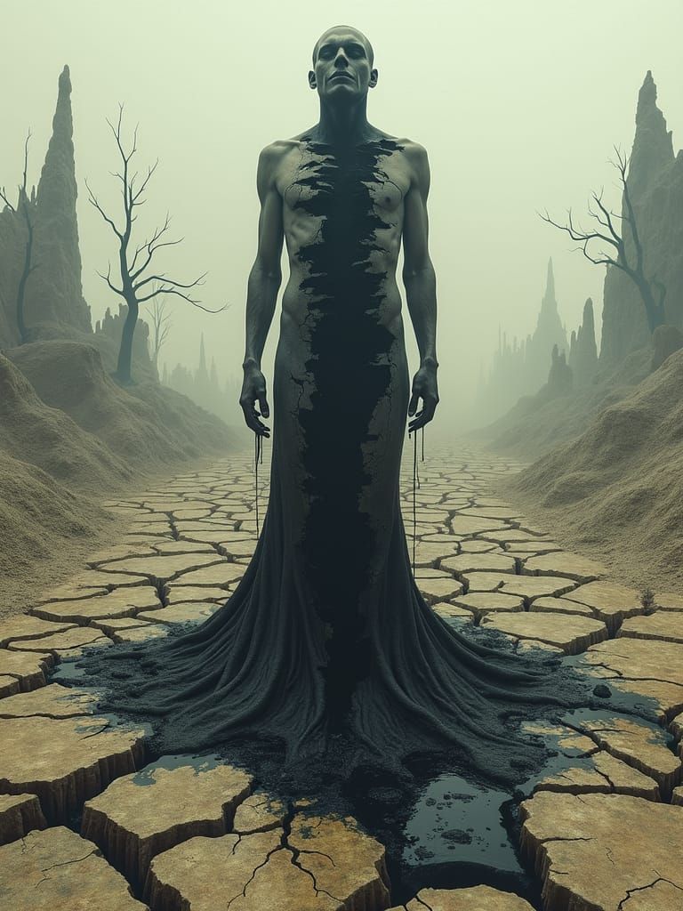 Shattered Figure Weeping in Dystopian Wasteland