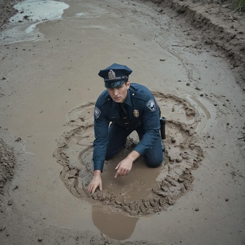 Police Officer Sinking in Quicksand, Cinematic Style